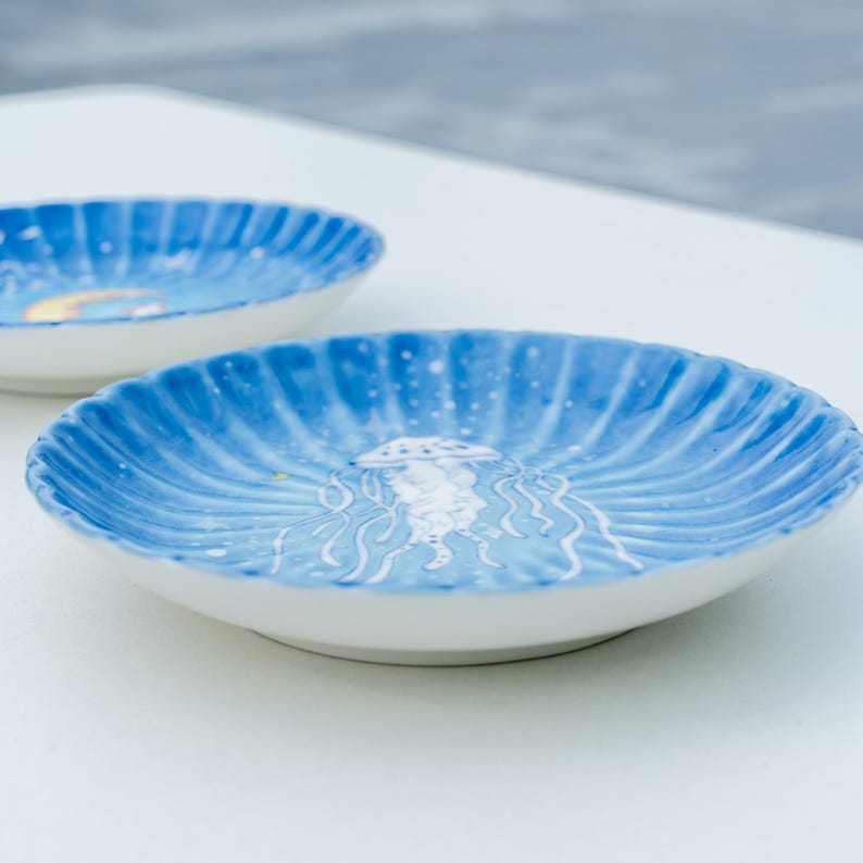 Handbemalte Quallen & Mond Teller Keramik 14,5 cm - Fairycore Ring Teller Meerblau Salat Obst Teller