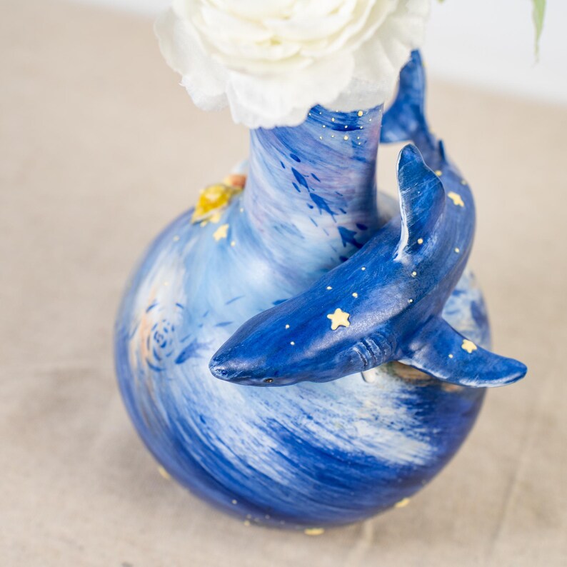 Handgefertigte Keramik Hai Vase Handbemalt Ozean Deko 20cm