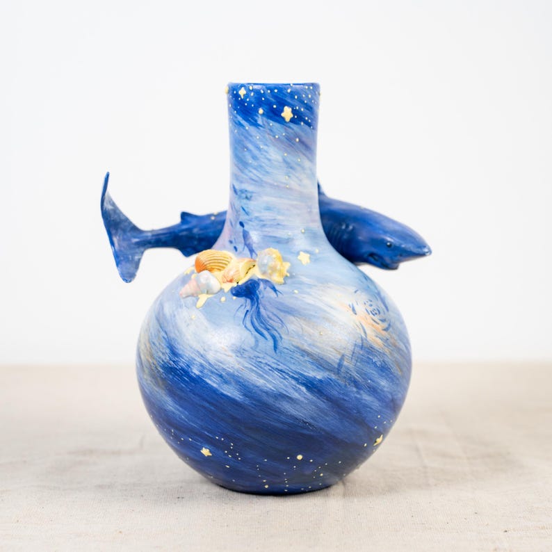 Handgefertigte Keramik Hai Vase Handbemalt Ozean Deko 20cm