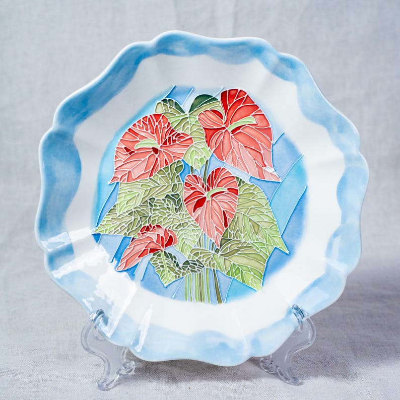 Handgefertigte Keramik Dekorative Platte mit unregelmäßigen Kanten, Sunlit Bloom, Kunstgalerie Exponat, Erntedankfest Geschenk