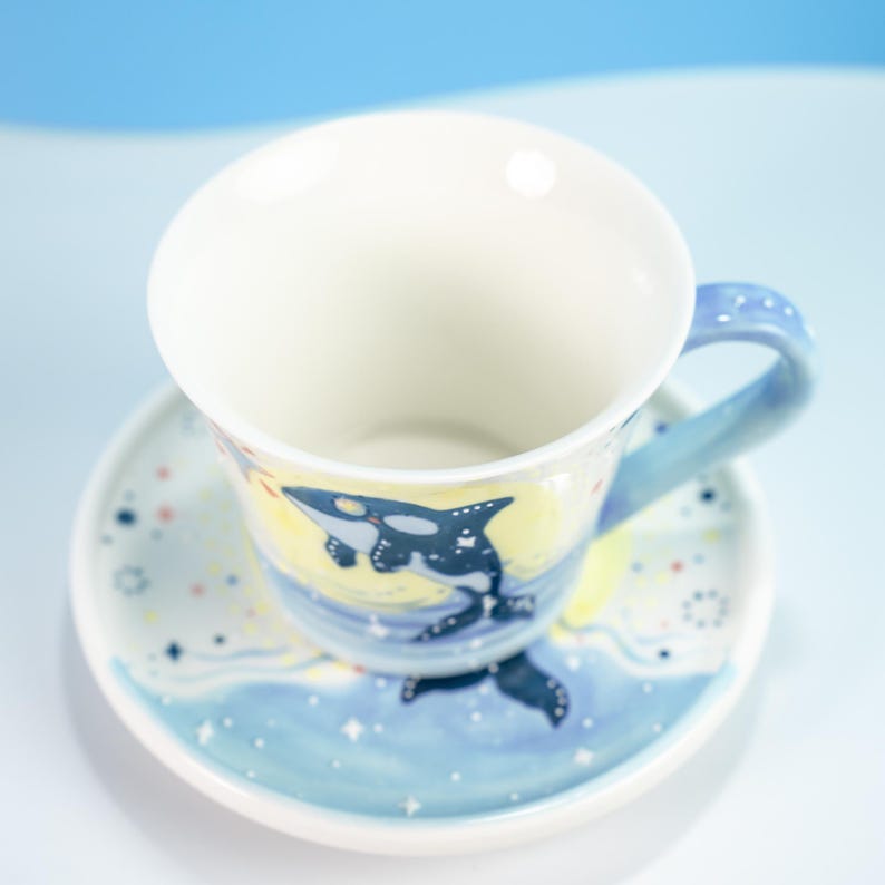 Handgemachte Keramik Wal Cappuccino Tasse mit Teller Orca Träume Nacht Himmel Untertasse Set