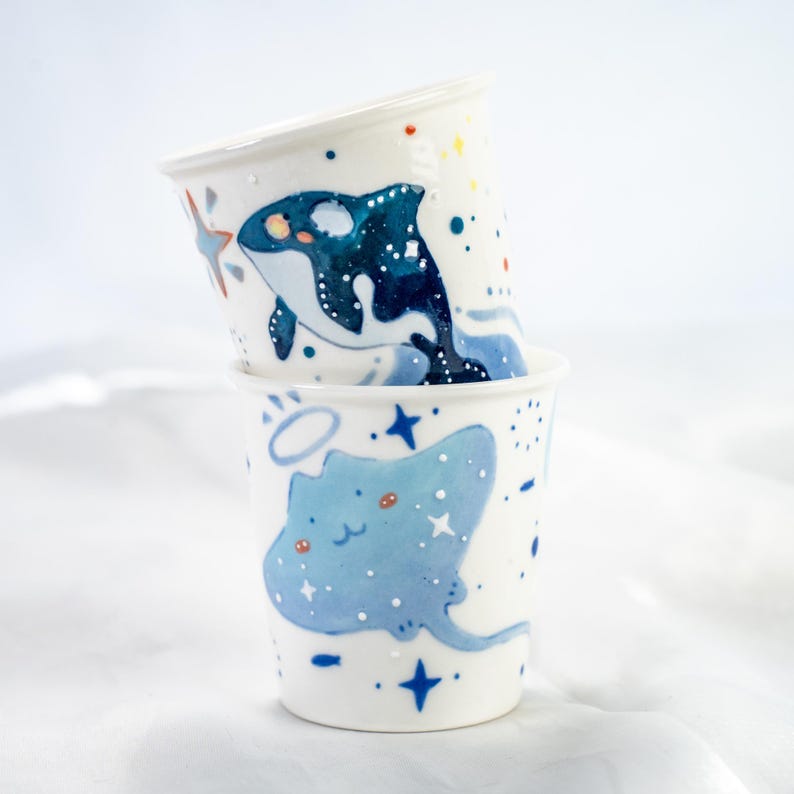 Handbemalte Keramik Tassen Set Orca & Stachelrochen | Ocean Inspiriert Blau Kaffeetassen