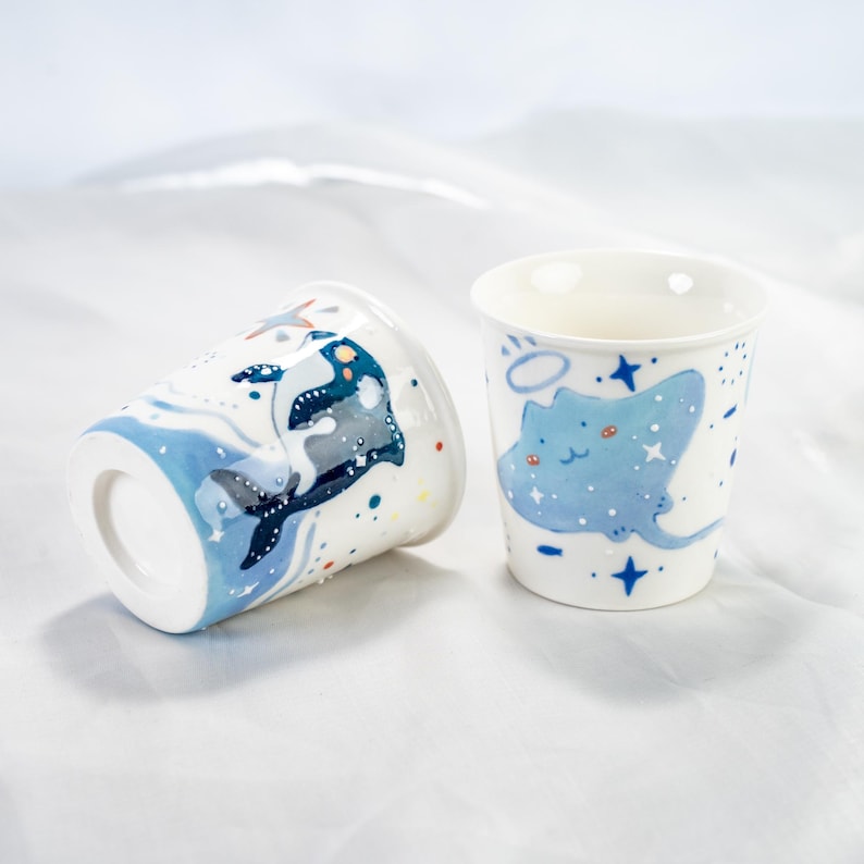 Handbemalte Keramik Tassen Set Orca & Stachelrochen | Ocean Inspiriert Blau Kaffeetassen