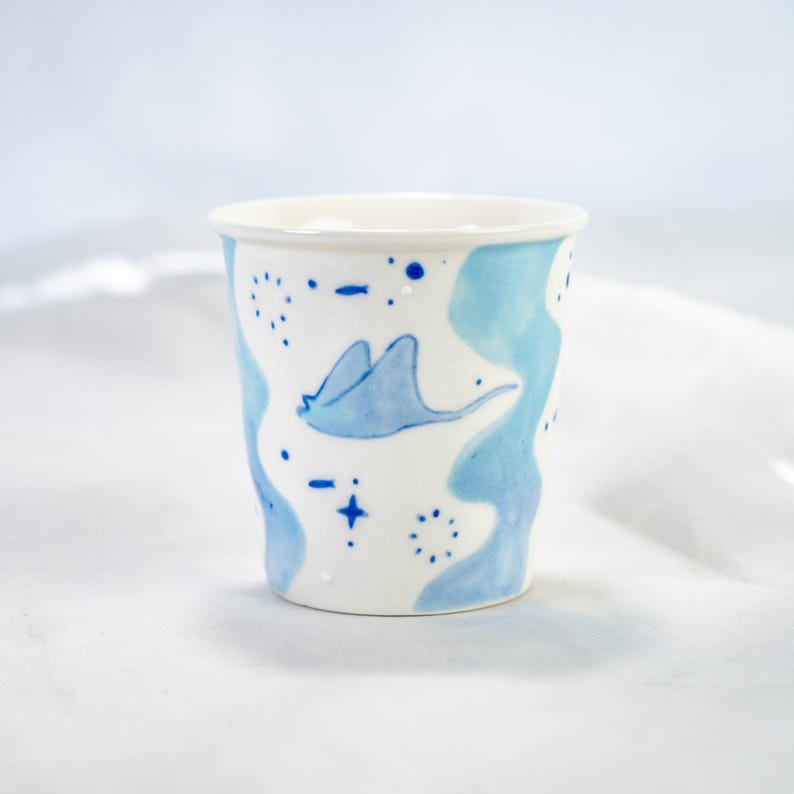 Handbemalte Keramik Tassen Set Orca & Stachelrochen | Ocean Inspiriert Blau Kaffeetassen