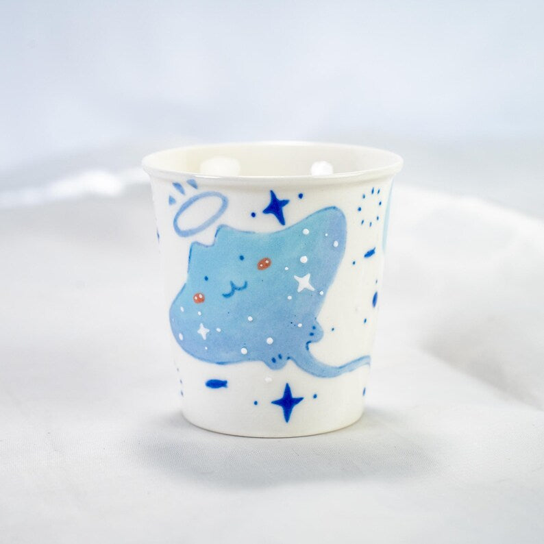 Handbemalte Keramik Tassen Set Orca & Stachelrochen | Ocean Inspiriert Blau Kaffeetassen
