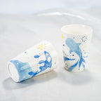 Handgemachte Keramiktasse-Set | Blau-weißes Wal Orca Sterne Design | Kinder Geschenk