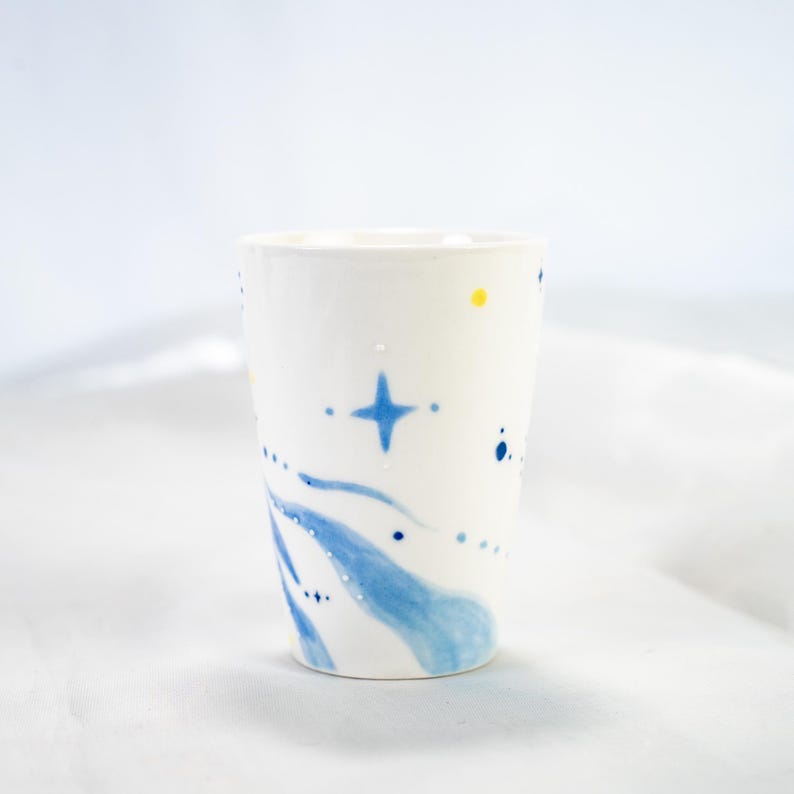 Handgemachte Keramiktasse-Set | Blau-weißes Wal Orca Sterne Design | Kinder Geschenk