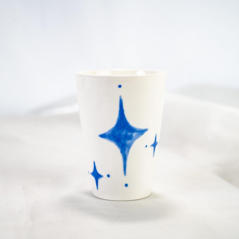 Handgemachte Keramiktasse-Set | Blau-weißes Wal Orca Sterne Design | Kinder Geschenk