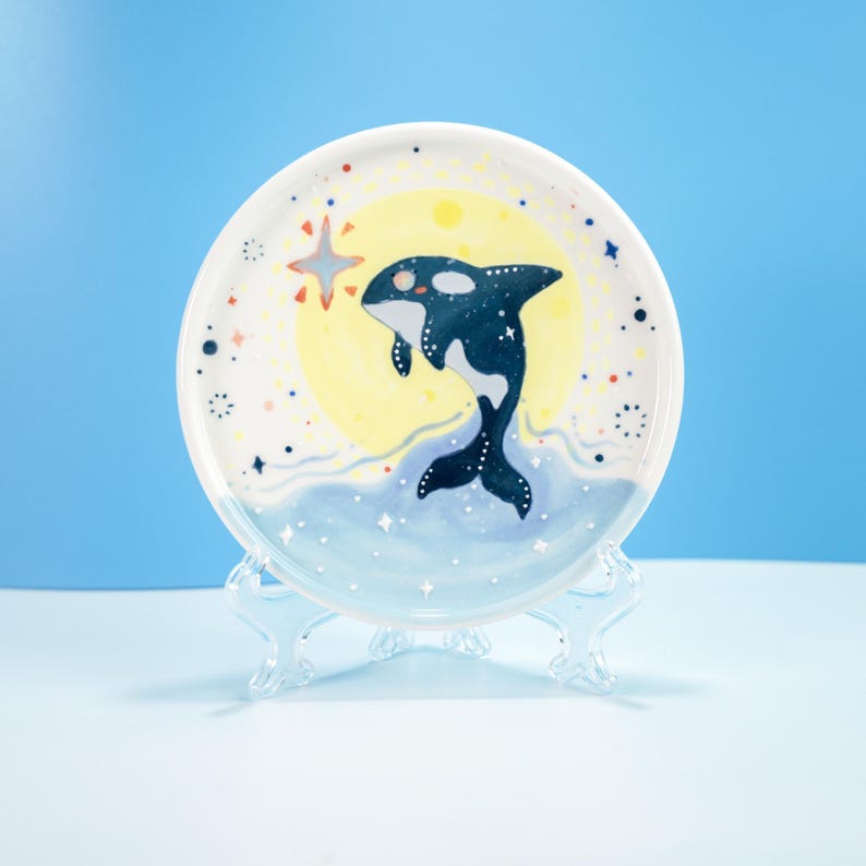 Handgemachte Keramik Wal Cappuccino Tasse mit Teller Orca Träume Nacht Himmel Untertasse Set