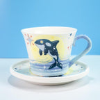 Handgemachte Keramik Wal Cappuccino Tasse mit Teller Orca Träume Nacht Himmel Untertasse Set
