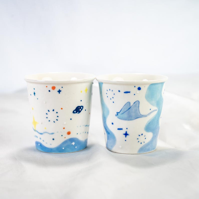 Handbemalte Keramik Tassen Set Orca & Stachelrochen | Ocean Inspiriert Blau Kaffeetassen