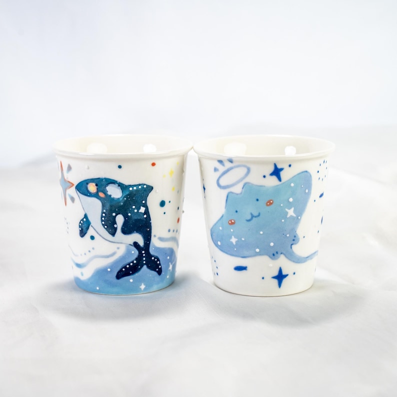 Handbemalte Keramik Tassen Set Orca & Stachelrochen | Ocean Inspiriert Blau Kaffeetassen