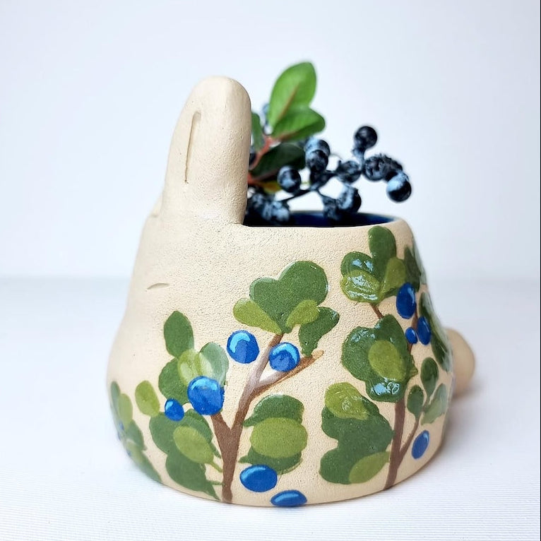 Handgefertigter Keramik Blumentopf Kaninchen, Blaubeer Kawaii Pflanzer, Natur Ton
