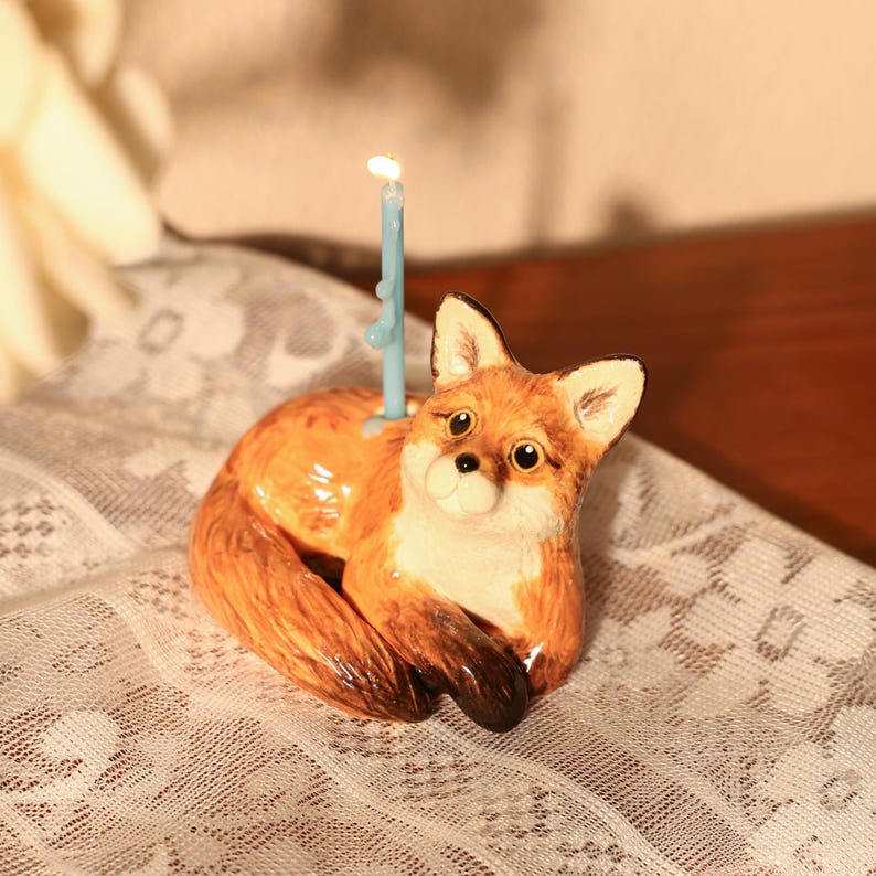 Keramik Fuchs Kerzenhalter - Handgemachte Fuchsfigur für Walddeko Geburtstagsparty