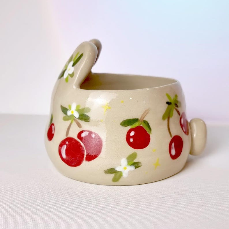 Handbemalter Keramik-Kaninchen Blumentopf mit Drainage - Kirsch-Thema Obst Pflanzgefäß