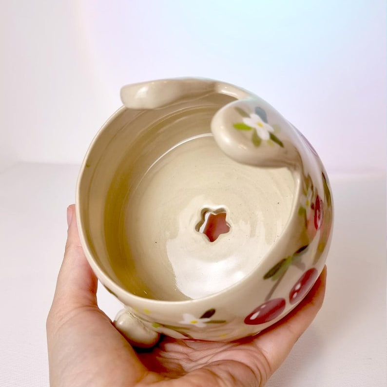 Handbemalter Keramik-Kaninchen Blumentopf mit Drainage - Kirsch-Thema Obst Pflanzgefäß