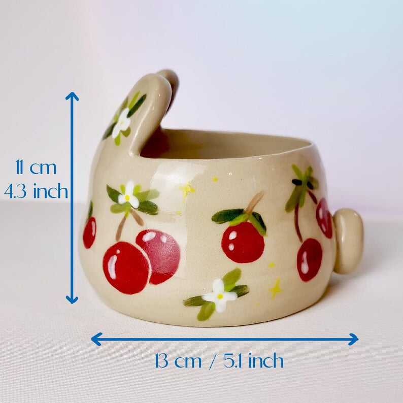 Handbemalter Keramik-Kaninchen Blumentopf mit Drainage - Kirsch-Thema Obst Pflanzgefäß