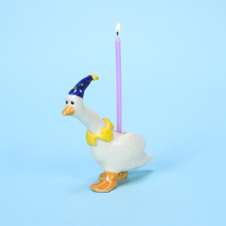 Blauer Partyhut Gans Kuchen Topper Handbemalte Porzellan Figur Kerzenhalter Handgemacht
