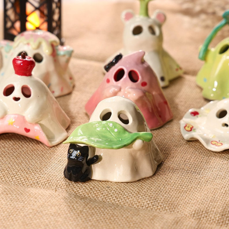 Handbemalter Geist Keramik Kerzenhalter Halloween Leuchten Keramik Wohnkultur kokette rosa gruselige niedliche Figur Süßes oder Saures