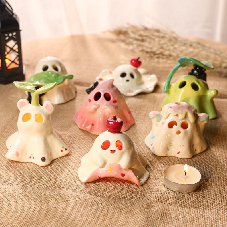 Handbemalter Geist Keramik Kerzenhalter Halloween Leuchten Keramik Wohnkultur kokette rosa gruselige niedliche Figur Süßes oder Saures