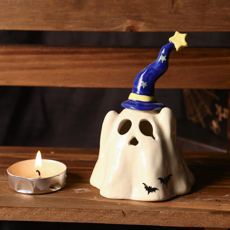 Handgefertigter Zaubererhut Geist Räucherstäbchenhalter Kerzenhalter Teelichthalter Halloween Dekoration Miniatur Keramik