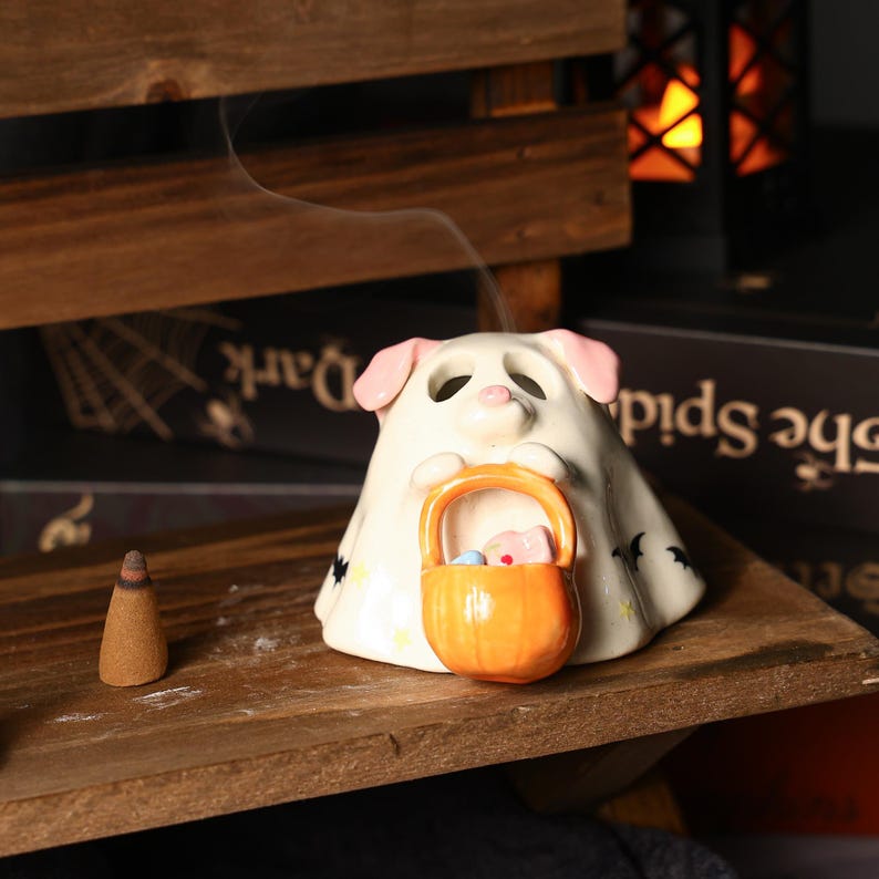 Handgefertigter Keramik Geisterhund Weihrauch Brenner mit Korb Halloween Dekoration Teelichthalter