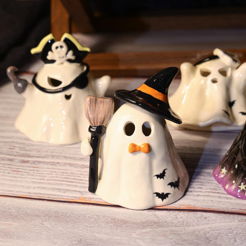 Handbemalt Geister Familie Keramik Kerzenhalter Set - Handgemachte Sammlung, Weihrauch-Brenner, Halloween Geschenk Aromatherapie Diffusor