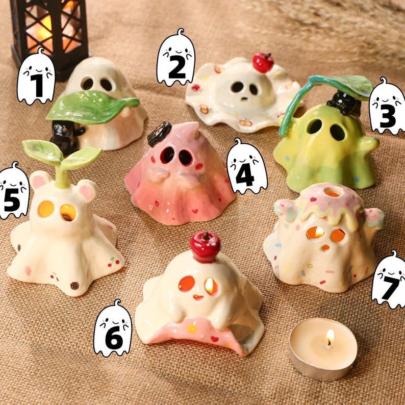 Handbemalter Geist Keramik Kerzenhalter Halloween Leuchten Keramik Wohnkultur kokette rosa gruselige niedliche Figur Süßes oder Saures