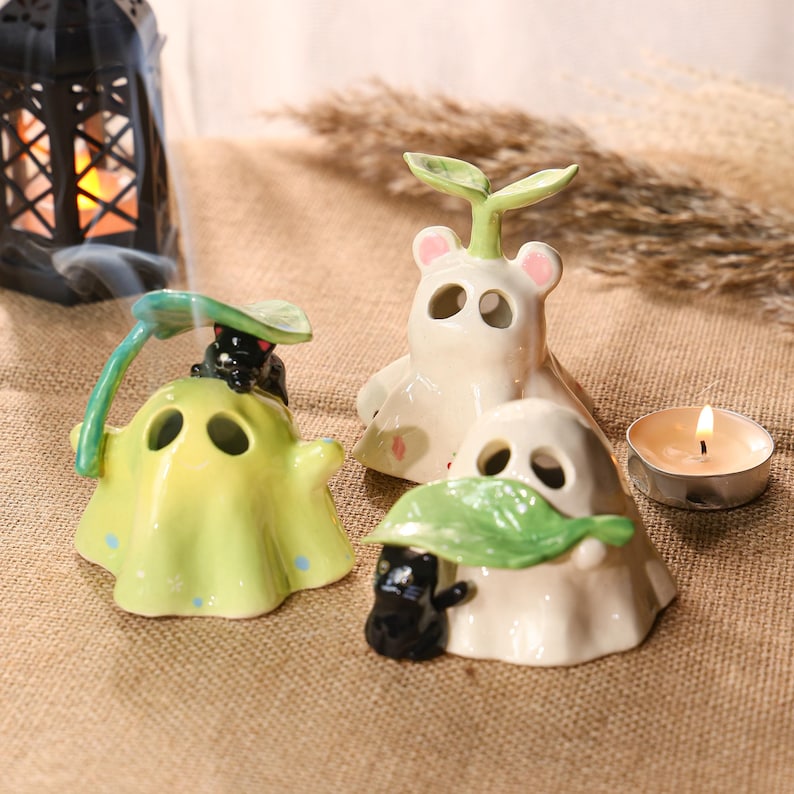 Handgemachte Keramik Geisterfamilie Kerzenhalter Halloween Weihrauch Brenner Aromatherapie Diffuser Teelichthalter 3er Set