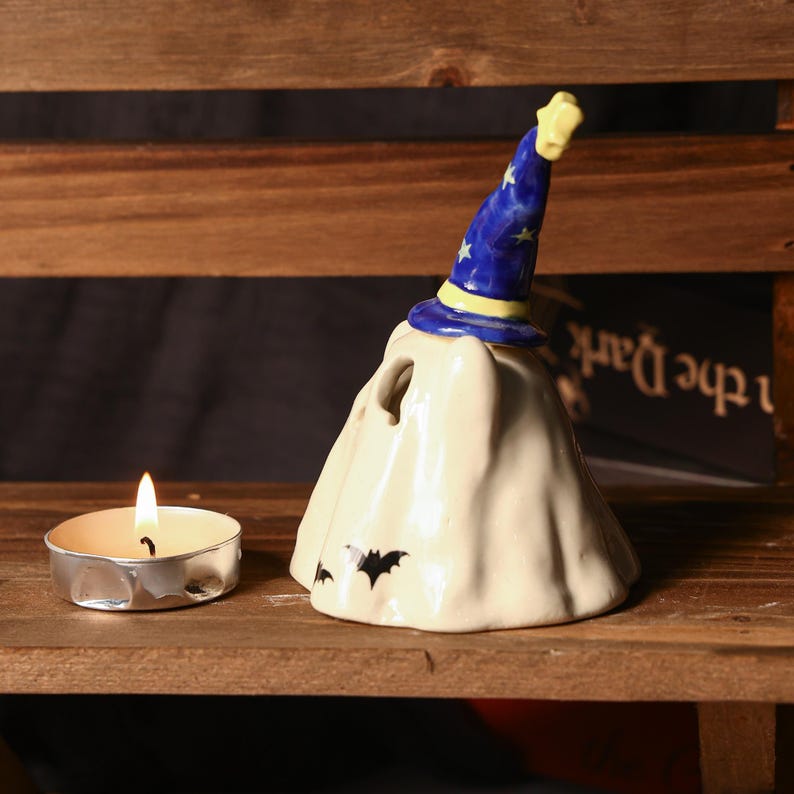 Handgefertigter Zaubererhut Geist Räucherstäbchenhalter Kerzenhalter Teelichthalter Halloween Dekoration Miniatur Keramik