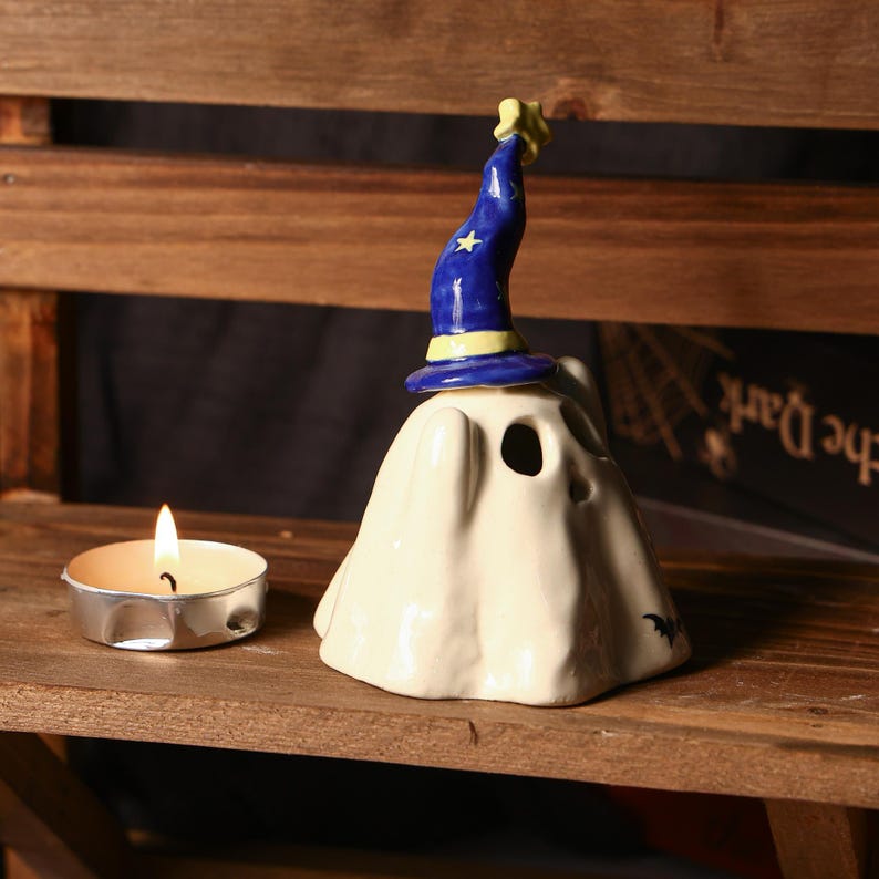 Handgefertigter Zaubererhut Geist Räucherstäbchenhalter Kerzenhalter Teelichthalter Halloween Dekoration Miniatur Keramik