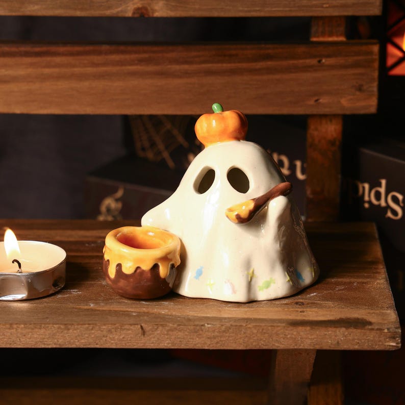 Handgemalter Geist Kürbis Kerzenhalter Keramik Handbemalt Tisch Dekor Halloween Aromatherapie Diffusor Weihrauch Halter