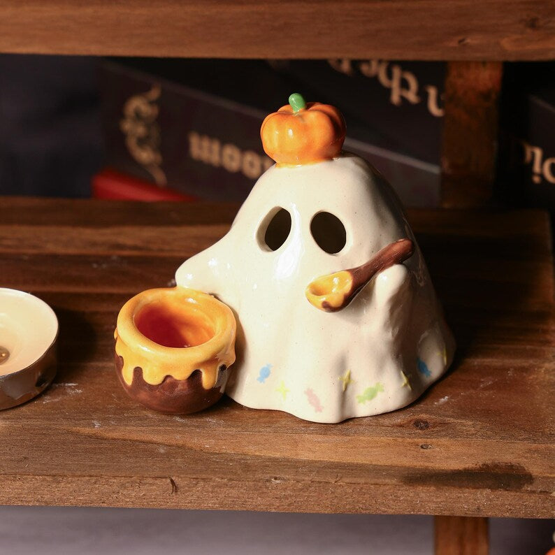 Handgemalter Geist Kürbis Kerzenhalter Keramik Handbemalt Tisch Dekor Halloween Aromatherapie Diffusor Weihrauch Halter