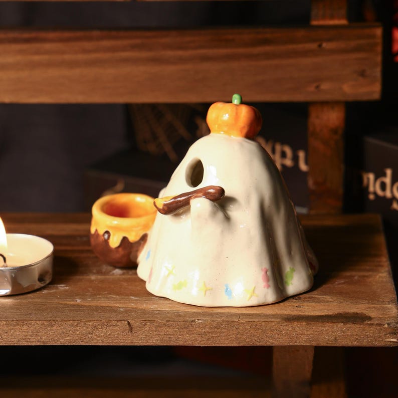 Handgemalter Geist Kürbis Kerzenhalter Keramik Handbemalt Tisch Dekor Halloween Aromatherapie Diffusor Weihrauch Halter