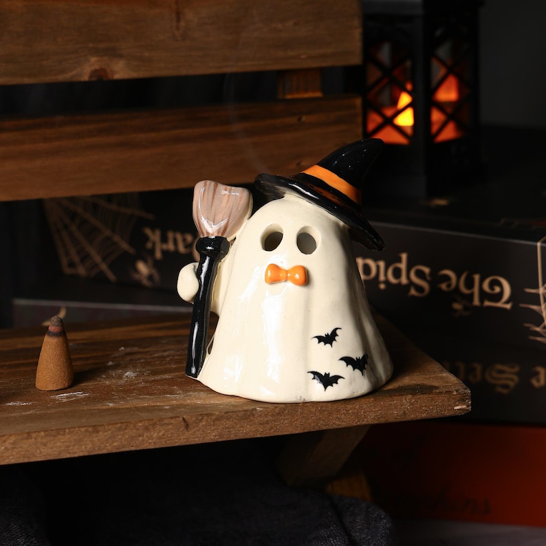 Handbemalte Hexe Keramik Figur Teelichthalter Halloween Kerzenhalter Räuchergefäß Tischdekoration