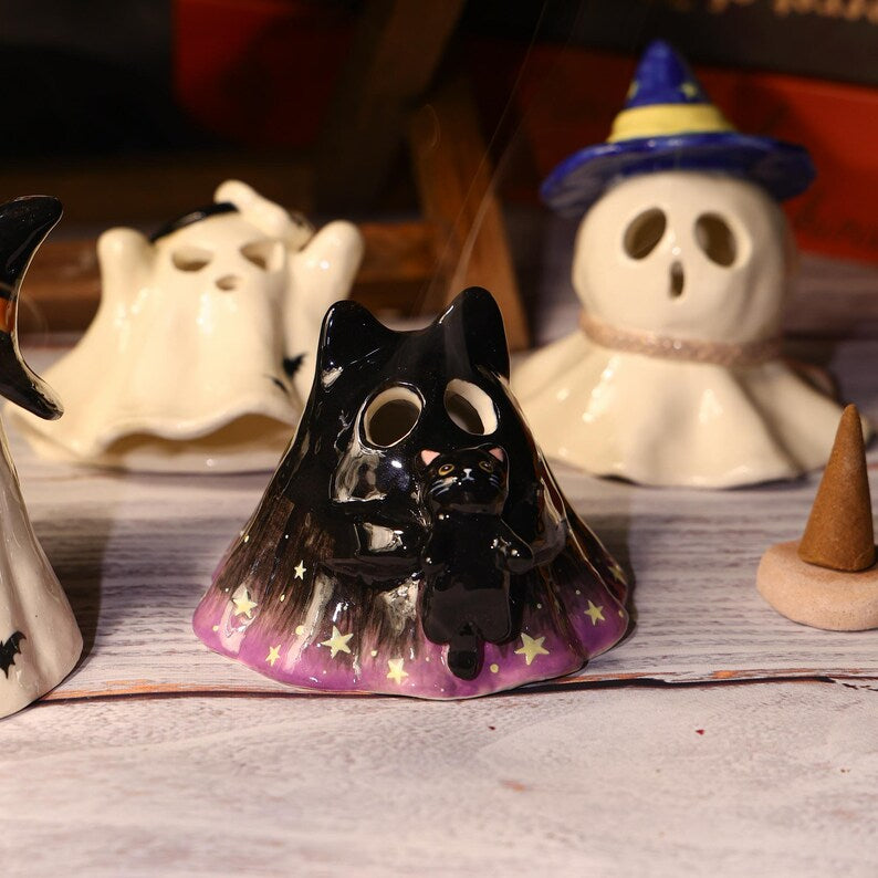 Handbemalt Geister Familie Keramik Kerzenhalter Set - Handgemachte Sammlung, Weihrauch-Brenner, Halloween Geschenk Aromatherapie Diffusor