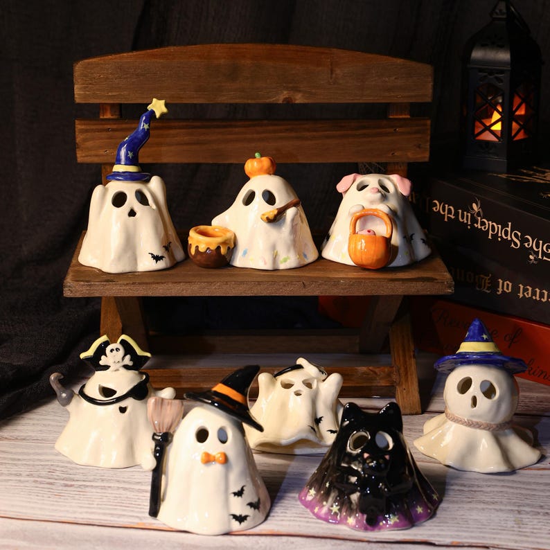 Handbemalt Geister Familie Keramik Kerzenhalter Set - Handgemachte Sammlung, Weihrauch-Brenner, Halloween Geschenk Aromatherapie Diffusor