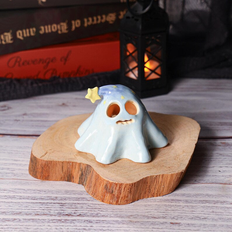 Handgefertigter Keramik Geist Räucherstäbchen Halter Blau Zaubererhut Halloween Tischdekoration Teelichthalter