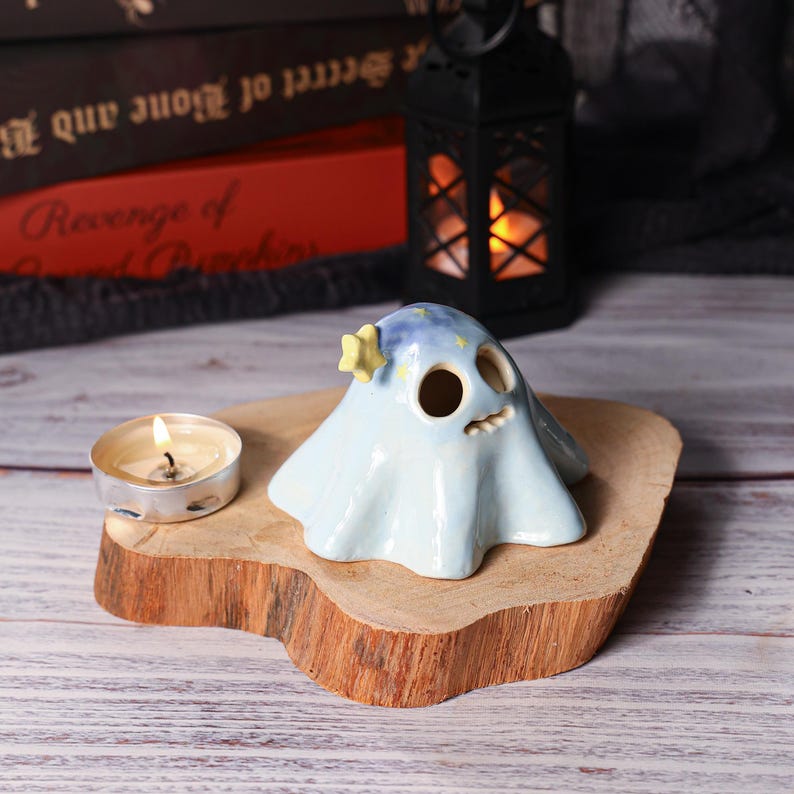 Handgefertigter Keramik Geist Räucherstäbchen Halter Blau Zaubererhut Halloween Tischdekoration Teelichthalter