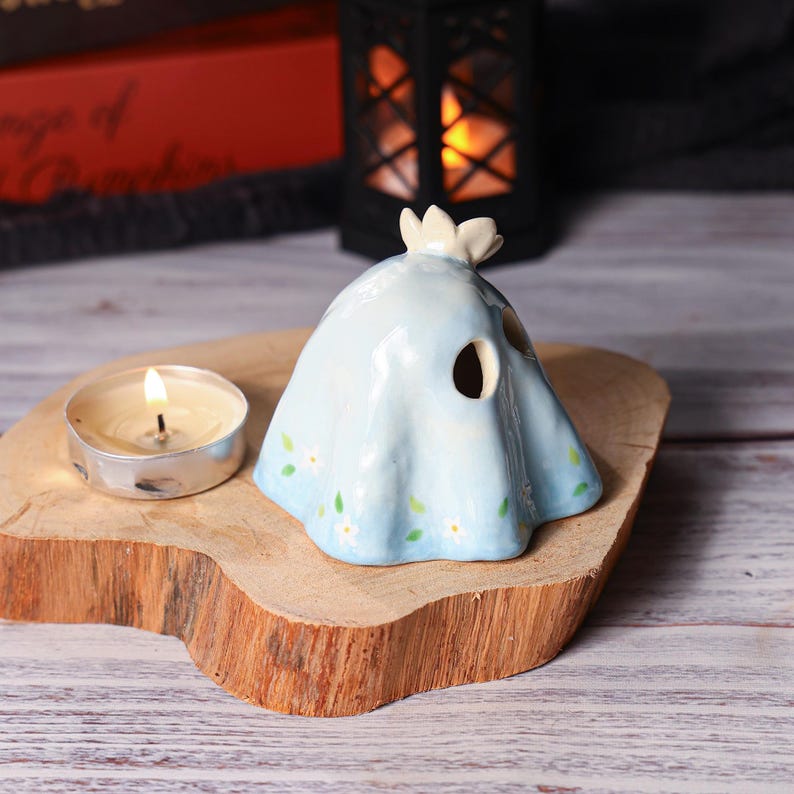 Handgefertigte Halloween Keramik Geister Figur Kerzenhalter Niedliches Gruseliges Teelicht Dekor Sternen Design Aromatherapie Geschenk