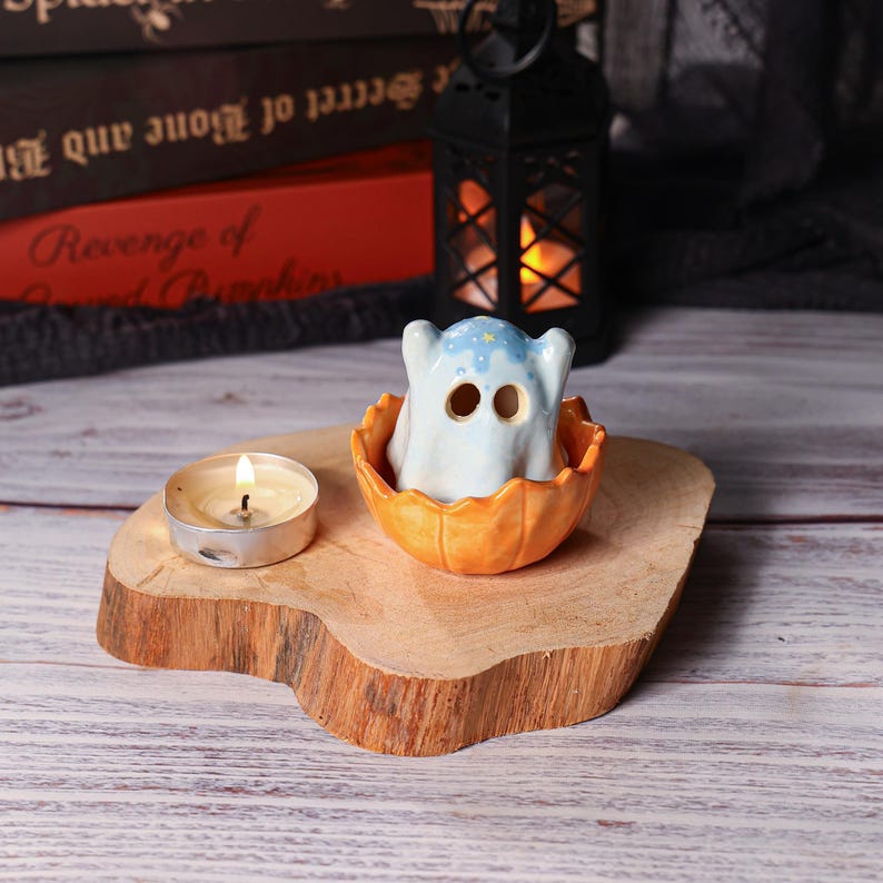 Keramik Kürbis Geist Räuchergefäß Kerzenhalter Halloween Tischdekoration Handgemacht Blau 2er-Set