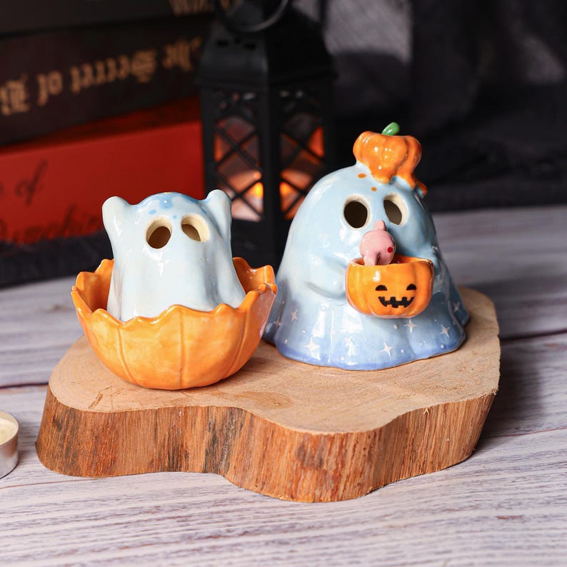 Keramik Kürbis Geist Räuchergefäß Kerzenhalter Halloween Tischdekoration Handgemacht Blau 2er-Set