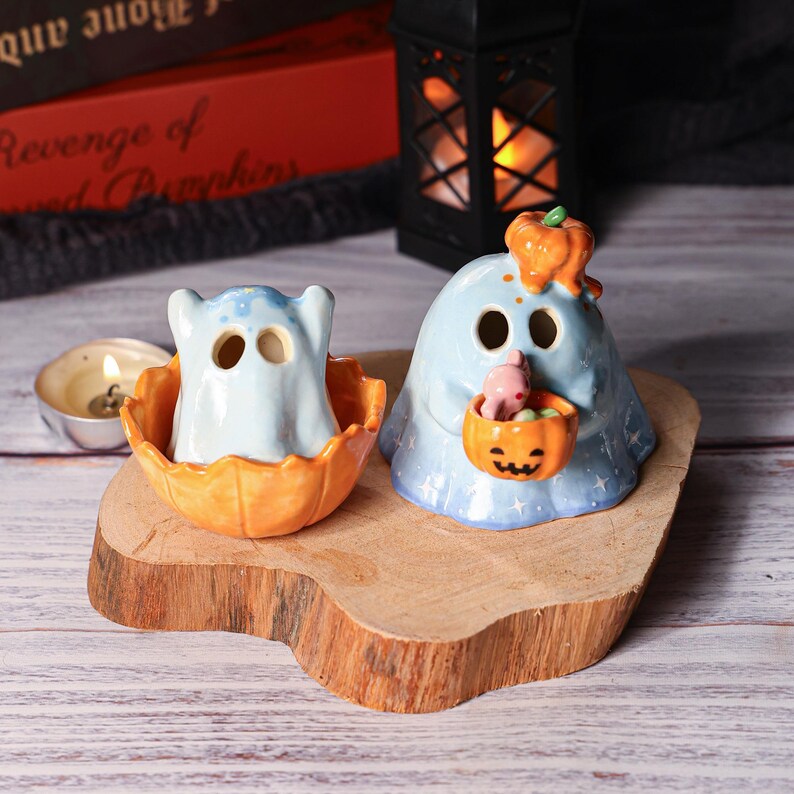 Keramik Kürbis Geist Räuchergefäß Kerzenhalter Halloween Tischdekoration Handgemacht Blau 2er-Set