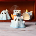 Handbemalter blauer Keramik-Geist-Hut Halloween-Dekoration handgemachtes Geschenk Räucherstäbchenhalter Katzenleuchten Kerzenhalter