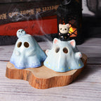 Handbemalter blauer Keramik-Geist-Hut Halloween-Dekoration handgemachtes Geschenk Räucherstäbchenhalter Katzenleuchten Kerzenhalter