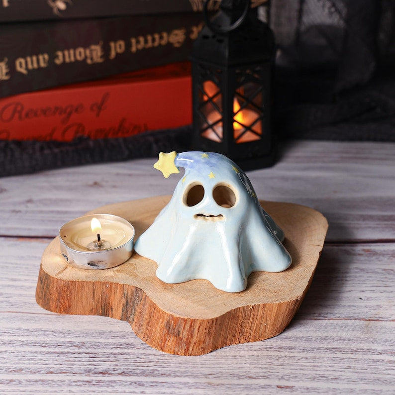 Handgefertigter Keramik Geist Räucherstäbchen Halter Blau Zaubererhut Halloween Tischdekoration Teelichthalter