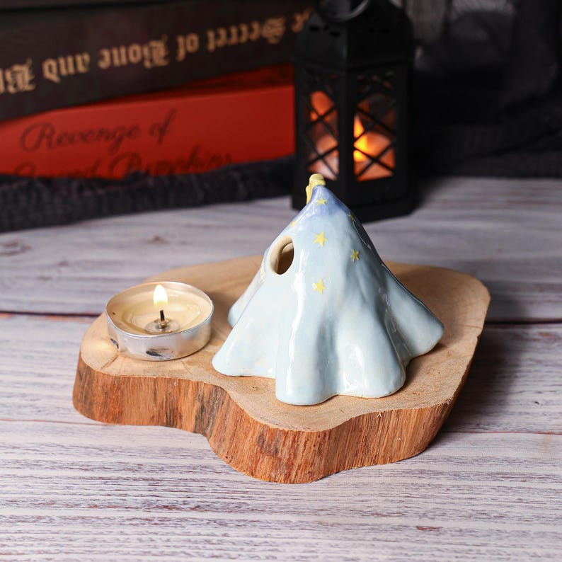 Handgefertigter Keramik Geist Räucherstäbchen Halter Blau Zaubererhut Halloween Tischdekoration Teelichthalter