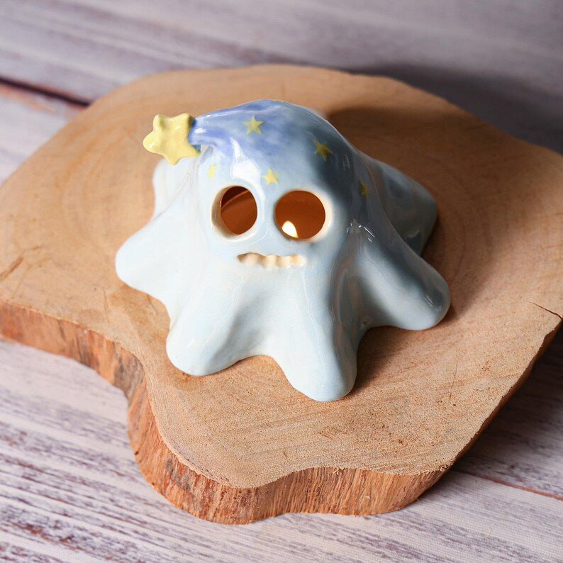 Handgefertigter Keramik Geist Räucherstäbchen Halter Blau Zaubererhut Halloween Tischdekoration Teelichthalter