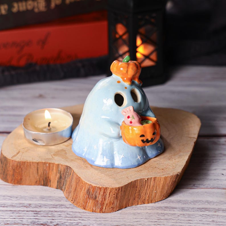 Niedliche Halloween Geist Kerzenhalter Handgemachte Keramik Kürbis Candy Korb Spooky Tisch Dekoration