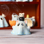 Handbemalter Keramik Gruseliger Katzenfigur Kerzenhalter Niedliche weiße und schwarze Kätzchen Halloween Geschenk